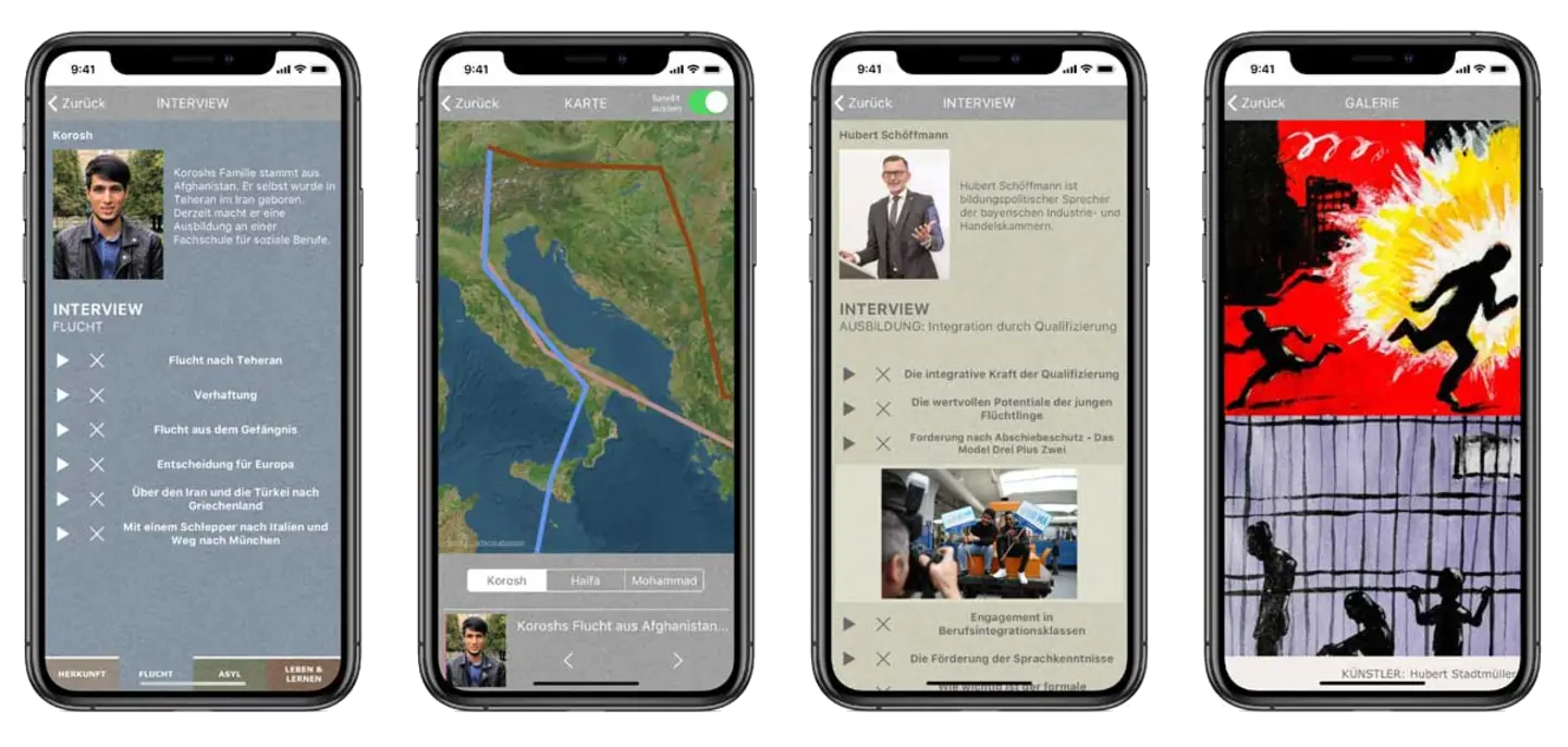 Vier Screenshots der App