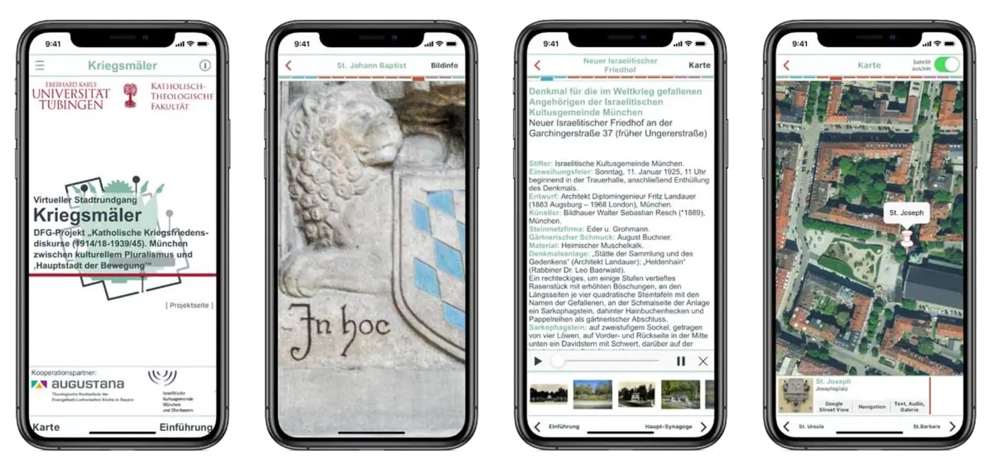 Vier Screenshots der App