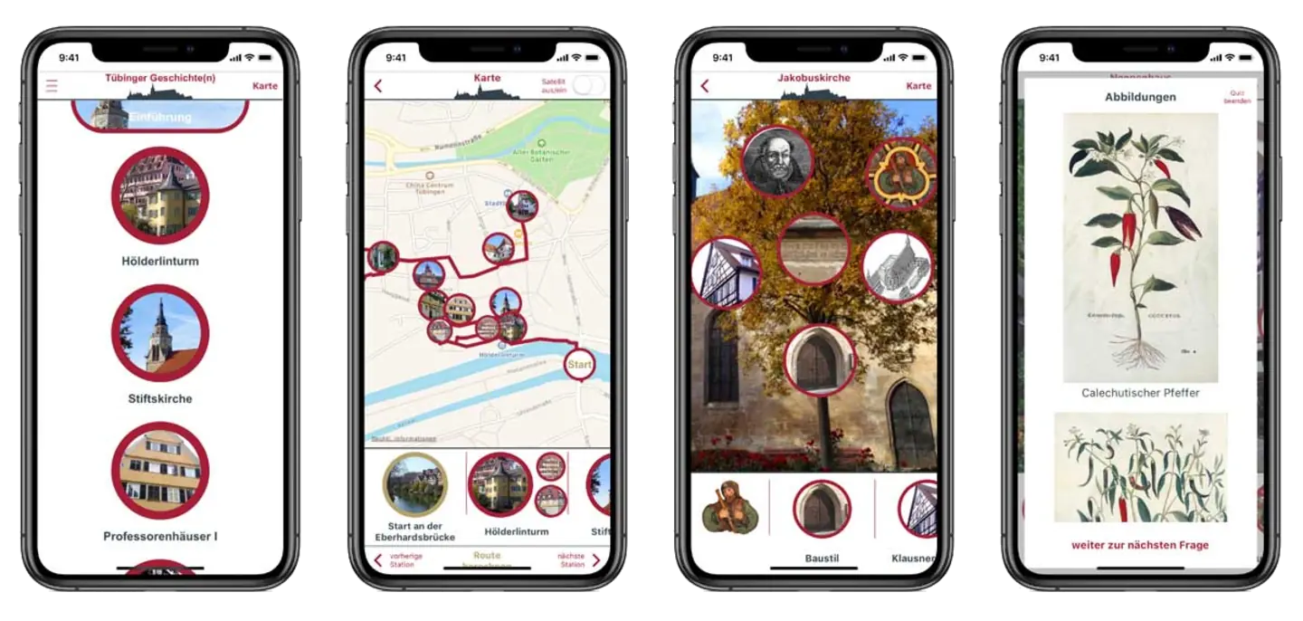Vier Screenshots der App